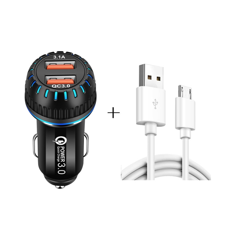 Chargeur de voiture double port USB YSY-349 QC3.0 + câble de données USB vers micro USB 3A de 1m, avec câble micro USB