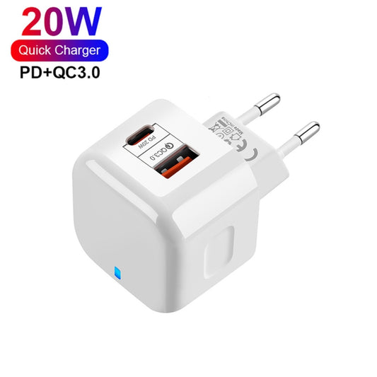 YSY-6087PD 20W PD3.0 + QC3.0 Dual Fast Charge Travel Charger with USB to Type-C Data Cable, EU Plug, US Plug, UK Plug