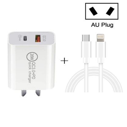 20W PD Type-C + QC 3.0 USB Interface Fast Charging Travel Charger with USB-C / Type-C to 8 Pin Fast Charge Data Cable, EU Plug, US Plug, AU Plug