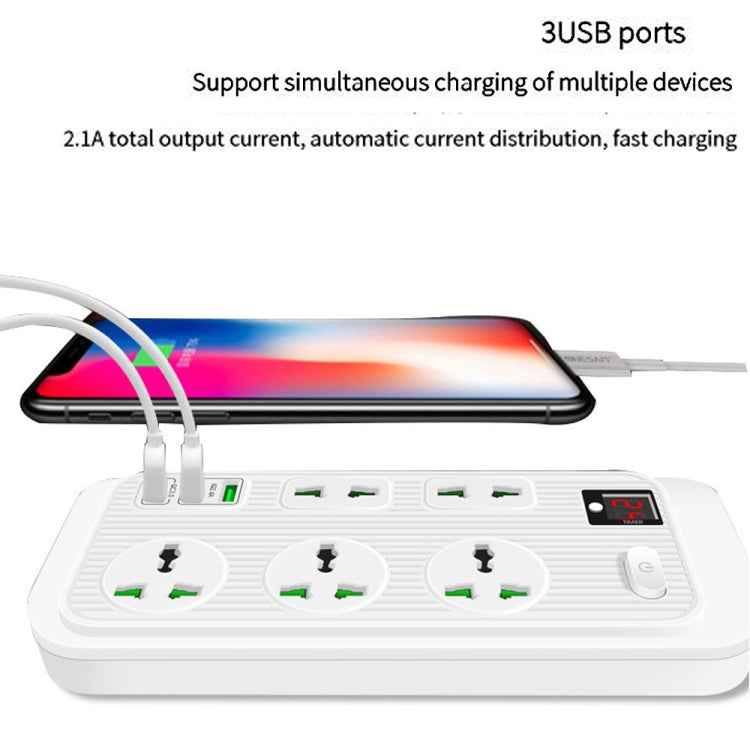 T17 3000W High-power 24-hour Amart Timing Socket QC3.0 USB Fast Charging Power Strip Cable Length 2m, UK Plug