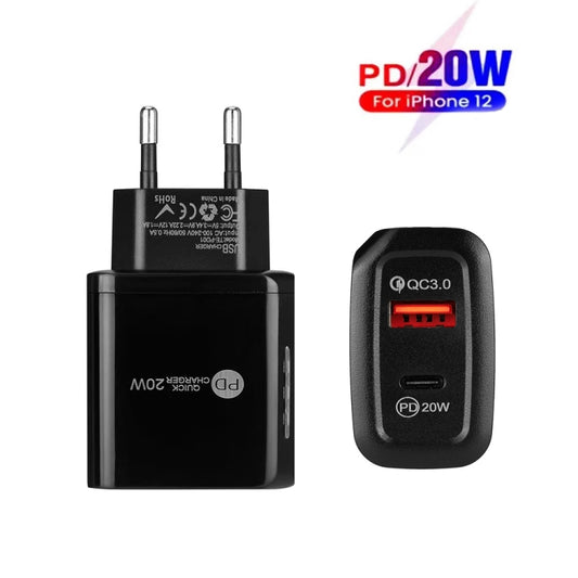 TE-PD01 PD 20W + QC3.0 USB Dual Ports Quick Charger with Indicator Light, EU Plug, EU Plug