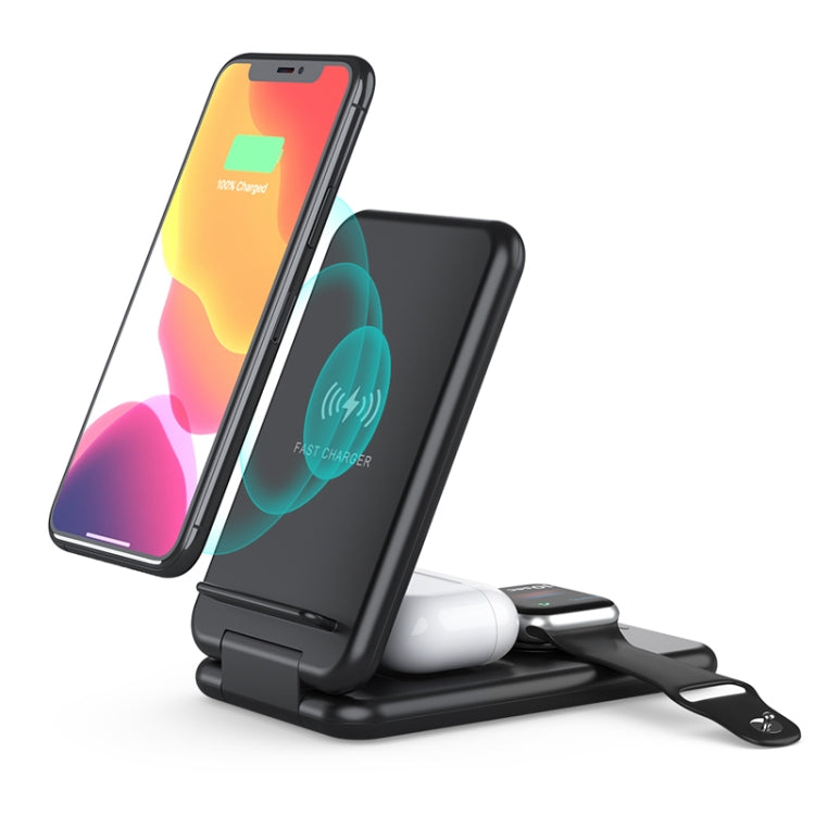 Chargeur sans fil rapide pliable Qi 3 en 1 de 15 W avec support de téléphone pour iPhone, iWatch et AirPod