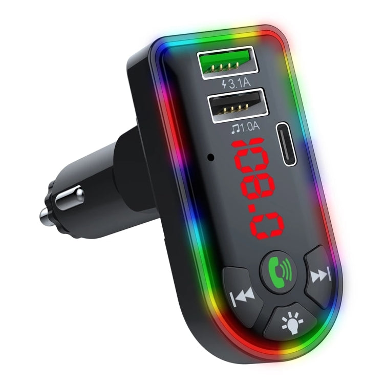 F7 Lecteur MP3 de voiture 12V Lumière respiratoire colorée QC3.1 Charge rapide sans fil double port PD, F7