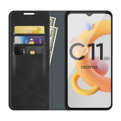 For OPPO Realme C11 2021 Retro-skin Business Magnetic Suction Leather Case with Holder & Card Slots & Wallet