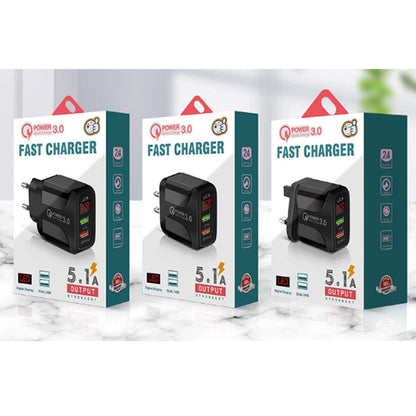 F002C QC3.0 USB + USB 2.0 LED Digital Display Fast Charger with USB to Type-C Data Cable, EU Plug, EU Plug +  Type-C Cable