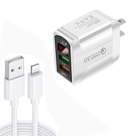 F002C QC3.0 USB + USB 2.0 LED Digital Display Fast Charger with USB to 8 Pin Data Cable, US Plug, US Plug +  8 Pin Cable