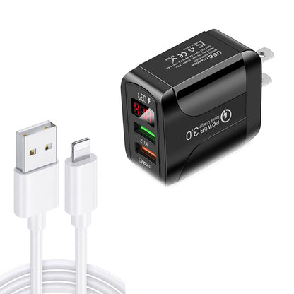 F002C QC3.0 USB + USB 2.0 LED Digital Display Fast Charger with USB to 8 Pin Data Cable, US Plug, US Plug +  8 Pin Cable