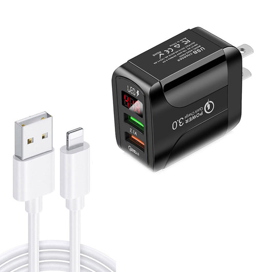 F002C QC3.0 USB + USB 2.0 LED Digital Display Fast Charger with USB to 8 Pin Data Cable, US Plug, US Plug +  8 Pin Cable