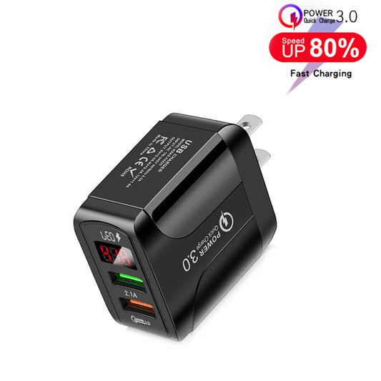 F002C QC3.0 USB + USB 2.0 LED Digital Display Fast Charger with USB to 8 Pin Data Cable, US Plug, US Plug +  8 Pin Cable