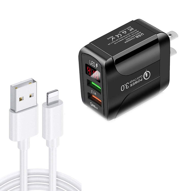 F002C QC3.0 USB + USB 2.0 LED Digital Display Fast Charger with USB to 8 Pin Data Cable, US Plug, US Plug +  8 Pin Cable