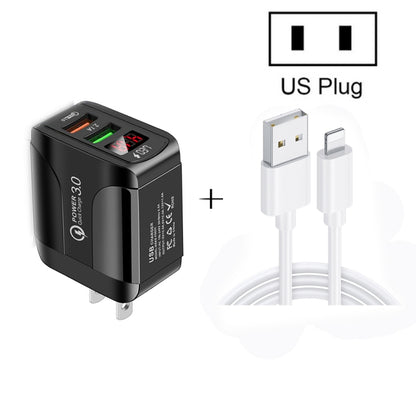 F002C QC3.0 USB + USB 2.0 LED Digital Display Fast Charger with USB to 8 Pin Data Cable, US Plug, US Plug +  8 Pin Cable