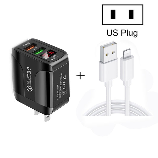 F002C QC3.0 USB + USB 2.0 LED Digital Display Fast Charger with USB to 8 Pin Data Cable, US Plug, US Plug +  8 Pin Cable