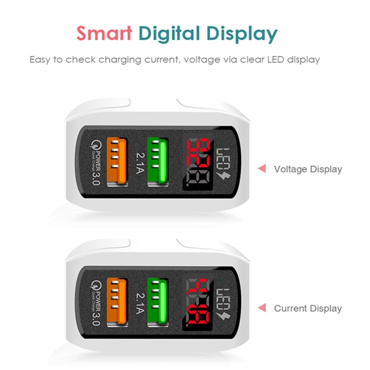 F002C QC3.0 USB + USB 2.0 LED Digital Display Fast Charger with USB to 8 Pin Data Cable, US Plug, US Plug +  8 Pin Cable