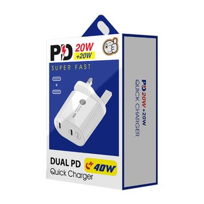 40W Dual Port PD / Type-C Fast Charger for iPhone / iPad Series, UK Plug, UK Plug