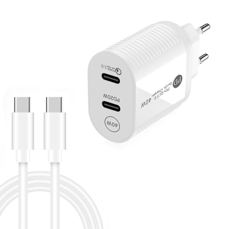 40W Dual Port PD / Type-C Fast Charger with Type-C to Type-C Data Cable, EU Plug, EU Plug + Type-C to Type-C Cable