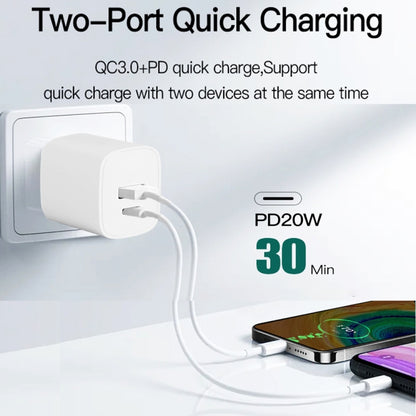 CS-20W Mini Portable PD3.0 + QC3.0 Dual Ports Fast Charger with 3A USB to Type-C Data Cable, Charger + USB to Type-C Cable