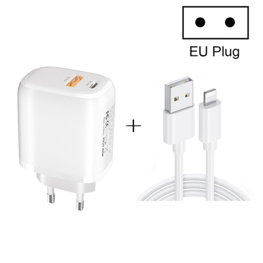 CS-20W Mini Portable PD3.0 + QC3.0 Dual Ports Fast Charger with 3A USB to 8 Pin Data Cable, Charger + USB to 8 Pin Cable