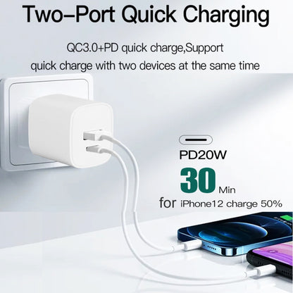 CS-20W Mini Portable PD3.0 + QC3.0 Dual Ports Fast Charger with 3A USB to 8 Pin Data Cable, Charger + USB to 8 Pin Cable