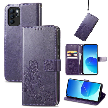 Four-leaf Clasp Embossed Buckle Mobile Phone Protection Leather Case with Lanyard & Card Slot & Wallet & Bracket Function, For OPPO Reno6 Z, For OPPO Realme C20, For OPPO Realme GT Master