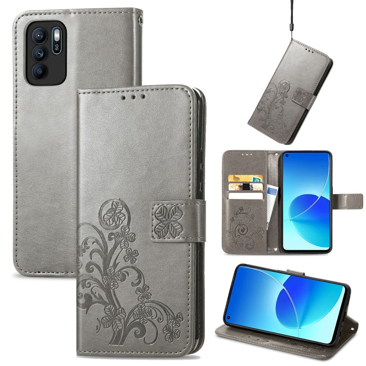 Four-leaf Clasp Embossed Buckle Mobile Phone Protection Leather Case with Lanyard & Card Slot & Wallet & Bracket Function, For OPPO Reno6 Z, For OPPO Realme C20, For OPPO Realme GT Master