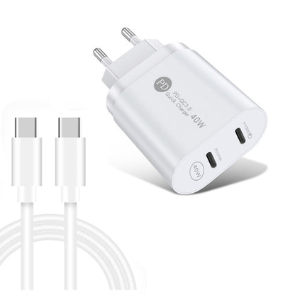 002 40W PD3.0 Dual Port USB-C / Type-C Charger with Type-C to Type-C Data Cable, EU Plug, EU Plug + Type-C to Type-C Cable