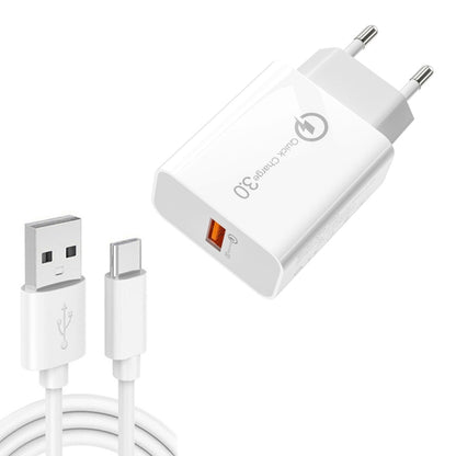 APD-2003 18W QC3.0 Single Port USB Charger with 1m USB to Type-C Data Cable, EU Plug + USB to Type-C Cable, US Plug + USB to Type-C Cable