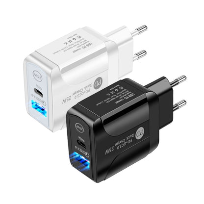 PD25W USB-C / Type-C + QC3.0 USB Dual Ports Fast Charger with USB to Type-C Data Cable, EU Plug, EU Plug + USB to Type-C Cable