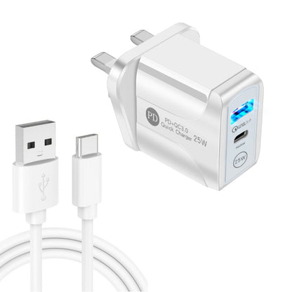 PD25W USB-C / Type-C + QC3.0 USB Dual Ports Fast Charger with USB to Type-C Data Cable, UK Plug, UK Plug + USB to Type-C Cable