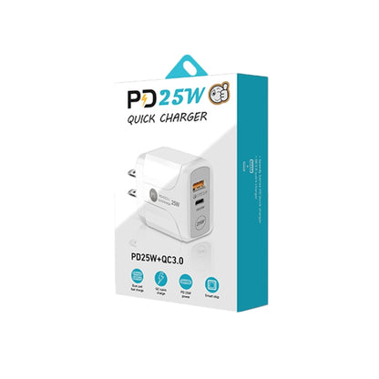 PD25W USB-C / Type-C + QC3.0 USB Dual Ports Fast Charger with USB to 8 Pin Data Cable, US Plug, US Plug + USB to 8 Pin Cable