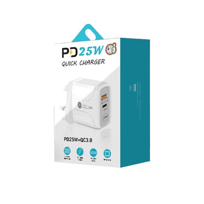 PD25W USB-C / Type-C + QC3.0 USB Dual Ports Fast Charger with USB to 8 Pin Data Cable, UK Plug, UK Plug + USB to 8 Pin Cable