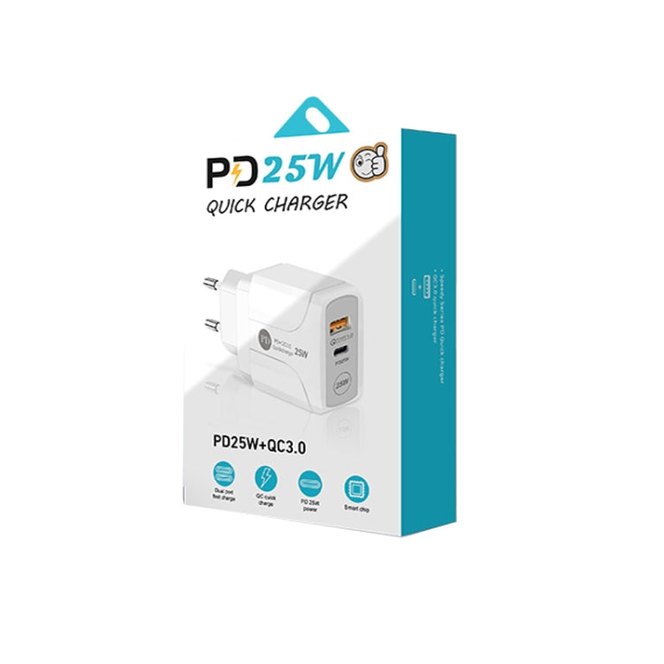 PD25W USB-C / Type-C + QC3.0 USB Dual Ports Fast Charger with USB-C to 8 Pin Data Cable, EU Plug, EU Plug + USB-C to 8 Pin Cable
