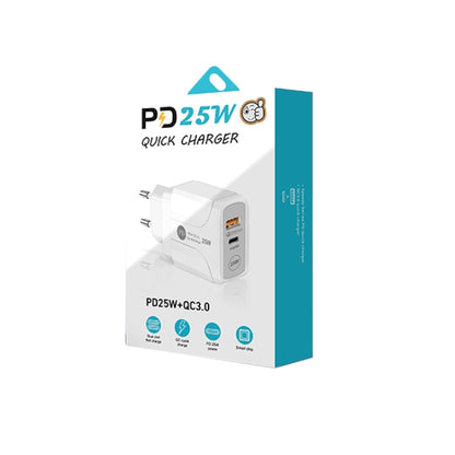 PD25W USB-C / Type-C + QC3.0 USB Dual Ports Fast Charger with USB-C to 8 Pin Data Cable, EU Plug, EU Plug + USB-C to 8 Pin Cable