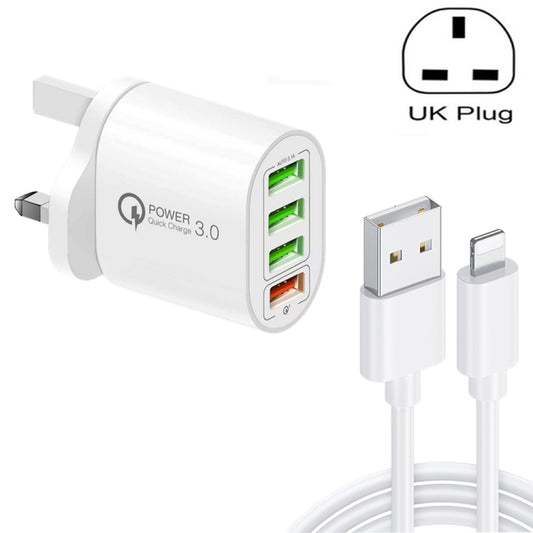 QC-04 QC3.0 + 3 x USB2.0 Multi-ports Charger with 3A USB to 8 Pin Data Cable, UK Plug, UK Plug + 8 Pin Cable