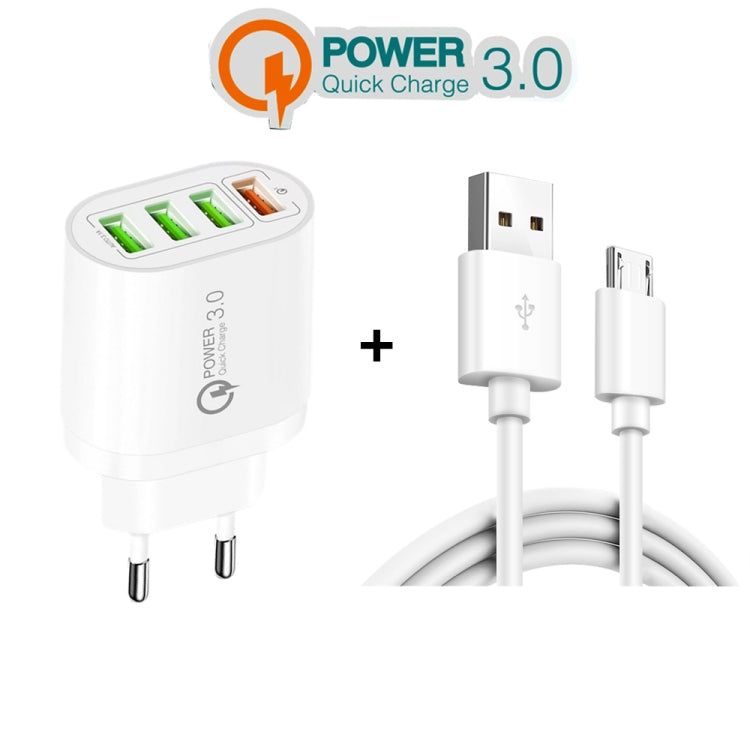 QC-04 QC3.0 + 3 x USB2.0 Multi-ports Charger with 3A USB to Micro USB Data Cable, EU Plug, EU Plug + Micro USB Cable