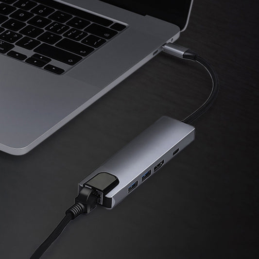 5 in 1 USB Type-C to RJ45+USB3.0 x 2+PD+HDMI HUB Adapter, RJ45+USB3.0 x 2+PD+HDMI