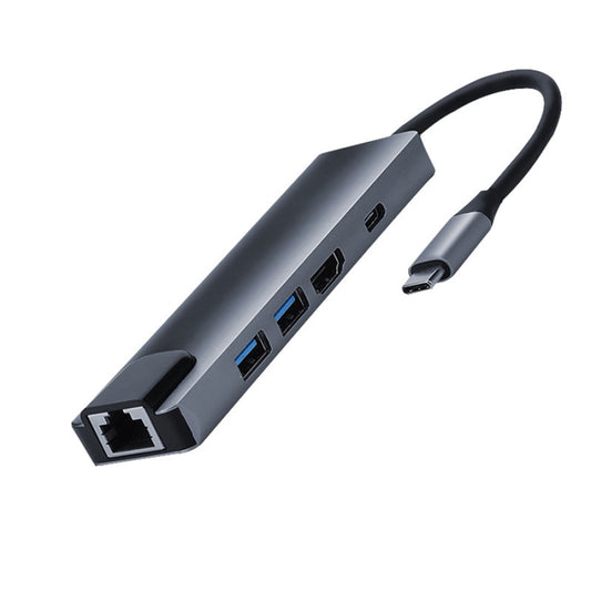 5 in 1 USB Type-C to RJ45+USB3.0 x 2+PD+HDMI HUB Adapter, RJ45+USB3.0 x 2+PD+HDMI