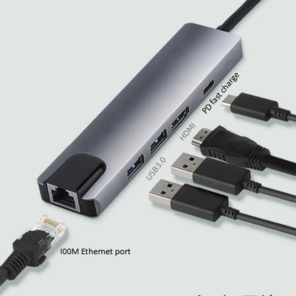 5 in 1 USB Type-C to RJ45+USB3.0 x 2+PD+HDMI HUB Adapter, RJ45+USB3.0 x 2+PD+HDMI