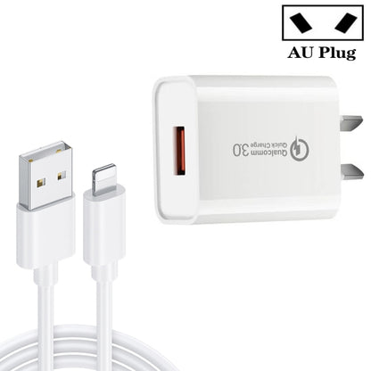 CA-25 QC3.0 USB 3A Fast Charger with USB to 8 Pin Data Cable, AU Plug, AU Plug + 8 Pin Cable