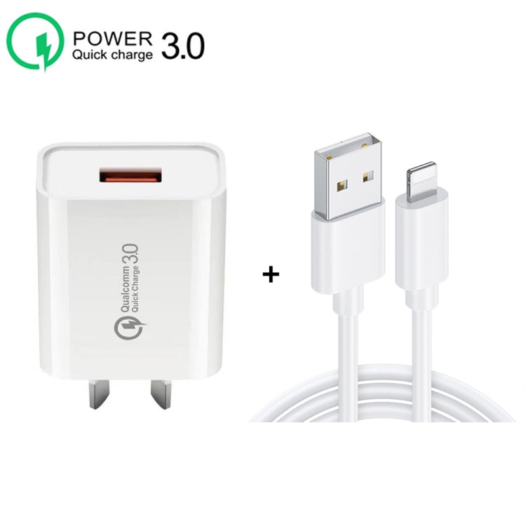 CA-25 QC3.0 USB 3A Fast Charger with USB to 8 Pin Data Cable, AU Plug, AU Plug + 8 Pin Cable