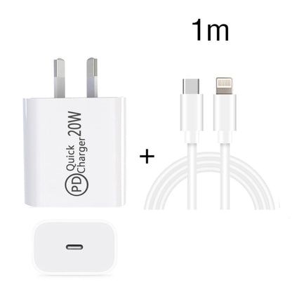 AU-20W PD USB-C / Type-C Travel Charger with USB-C to 8 Pin Data Cable, AU Plug, AU Plug + 1m 8 Pin PD Cable, AU Plug + 2m 8 Pin PD Cable