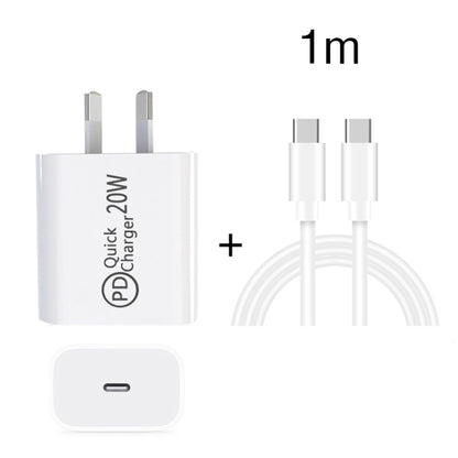 AU-20W PD USB-C / Type-C Travel Charger with Type-C to Type-C Data Cable, AU Plug, AU Plug + 1m PD Cable, AU Plug + 2m PD Cable