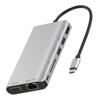 7 in 1 Type-C to RJ45+VGA+Type-C+SD Card Slot+USB3.0 x 2+HDMI Dock Hub Adapter, 7 in 1