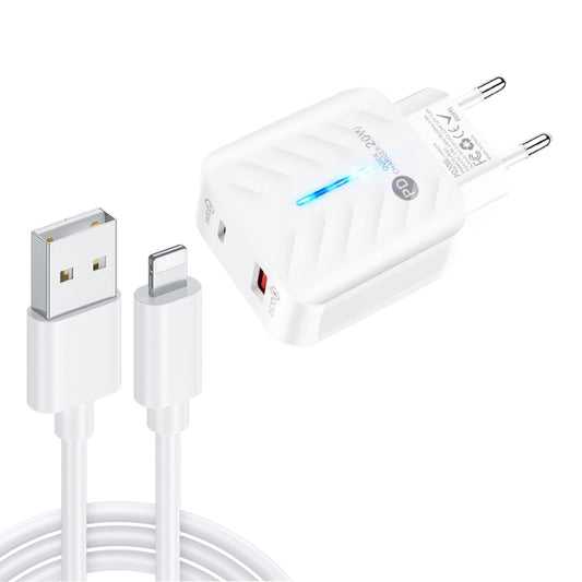 PD03 20W PD3.0 + QC3.0 USB Charger with USB to 8 Pin Data Cable, EU Plug, EU Plug + USB to 8 Pin Cable