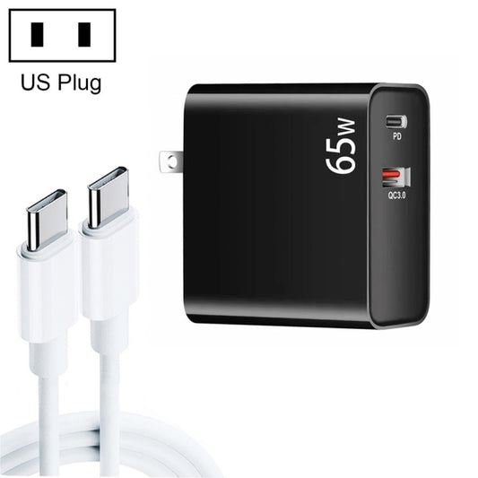 Adaptateur de charge pour ordinateur portable PD-65W USB-C / Type-C + QC3.0 USB + ensemble de câbles de données USB-C / Type-C vers USB-C / Type-C de 2m, prise US, câble USB-C / Type-C, prise US