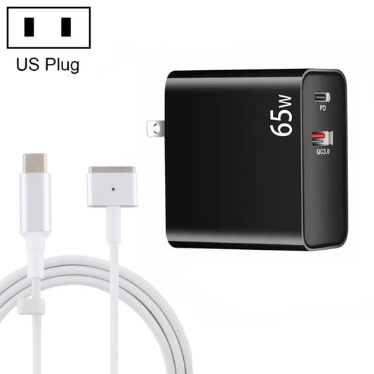 Adaptateur de chargement pour ordinateur portable PD-65W USB-C / Type-C + QC3.0 USB + câble de données USB-C / Type-C vers MagSafe 2 / T Head de 1,8 m, prise US, câble MagSafe 2 / T, prise US