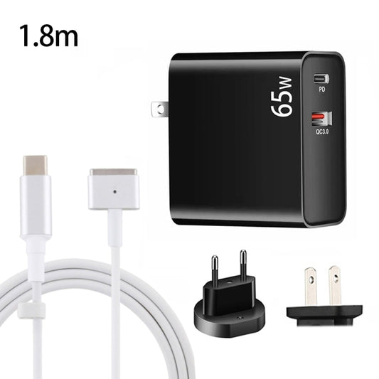 Adaptateur de charge pour ordinateur portable PD-65W USB-C / Type-C + QC3.0 USB + câble de données USB-C / Type-C vers MagSafe 2 / T Head de 1,8 m, prise EU / US, câble MagSafe 2 / T, prise EU / US