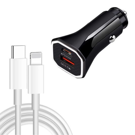 TE-P22 Chargeur de voiture USB-C / Type-C 38W PD + USB QC3.0 avec câble de données USB-C / Type-C vers 8 broches de 1 m