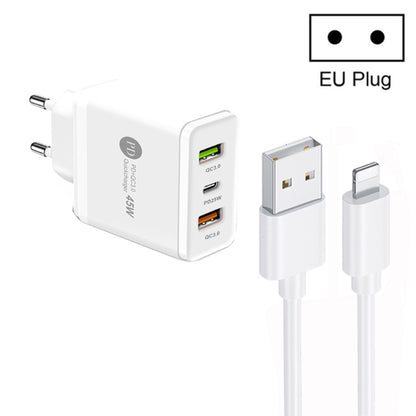 45W PD25W + 2 x QC3.0 USB Multi Port Charger with USB to 8 Pin Cable, EU Plug, EU Plug + USB to 8 Pin Cable