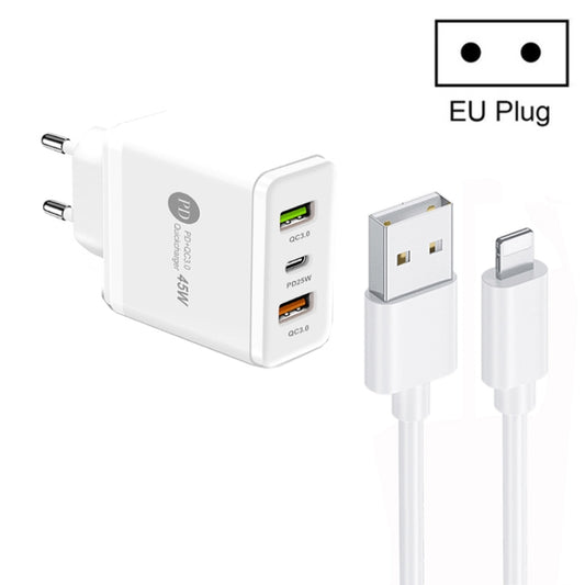 45W PD25W + 2 x QC3.0 USB Multi Port Charger with USB to 8 Pin Cable, EU Plug, EU Plug + USB to 8 Pin Cable