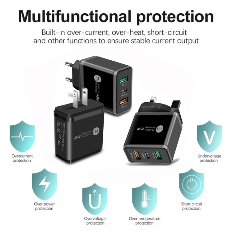 45W PD25W + 2 x QC3.0 USB Multi Port Charger with USB to Type-C Cable, UK Plug, UK Plug + USB to Type-C Cable